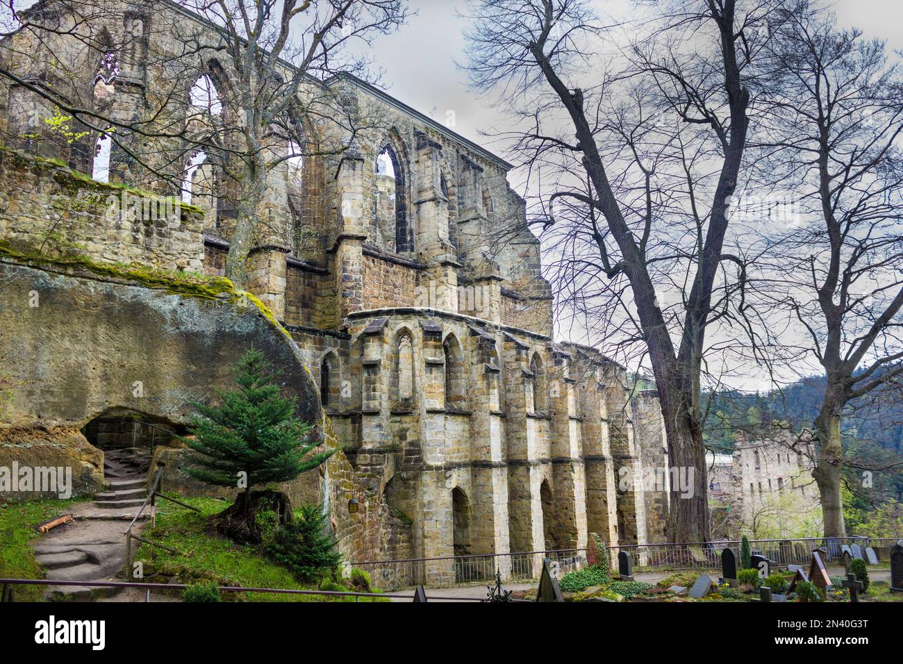 Ruins of medieval monastery at mountain in Oybin, Germany Stock Photo