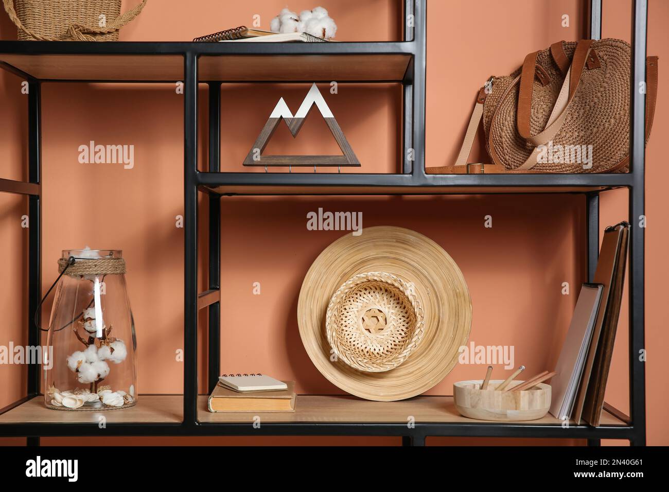 Stylish shelving unit with decorative elements near color wall