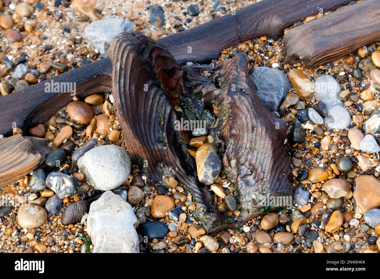 Close-up of  the remains of a wooden Groyne, eroded by wave action, on the beach at Reculver Country Park, Thanet, Kent Stock Photo