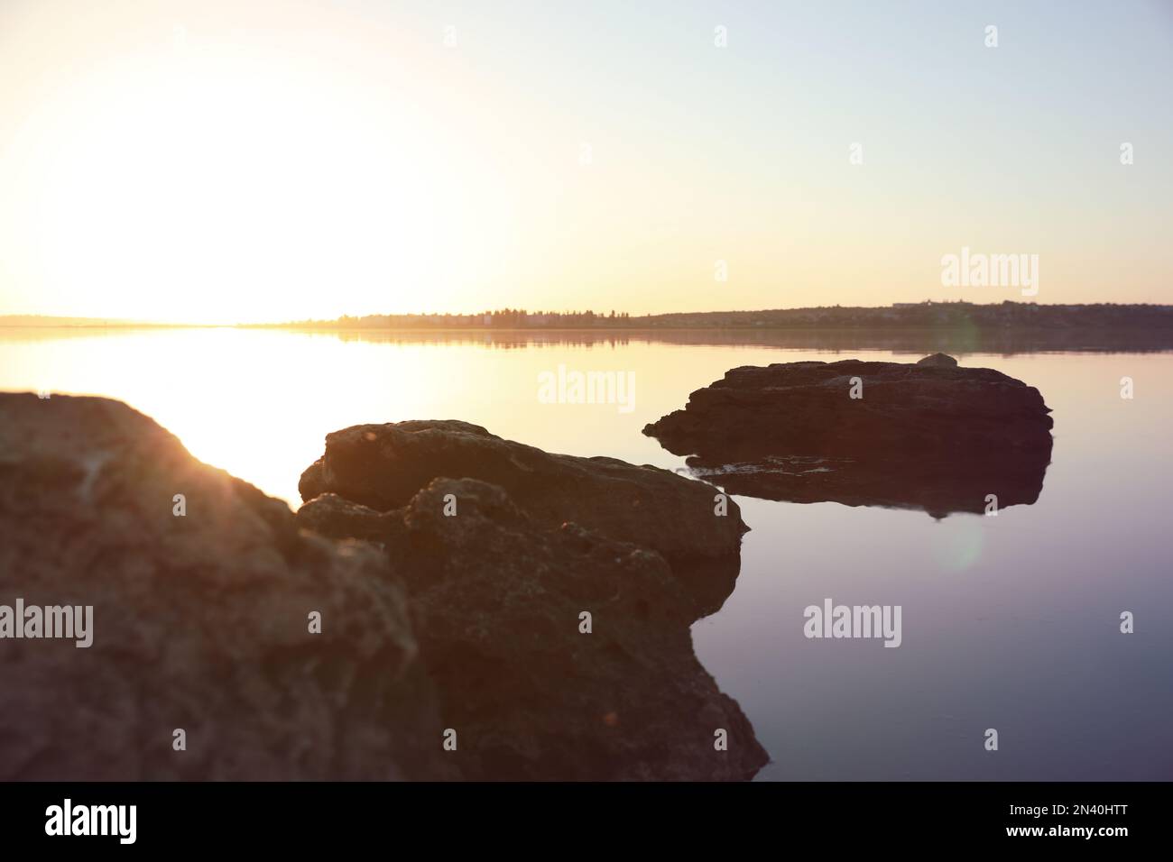 Picturesque view of sunset on riverside. Healing concept Stock Photo