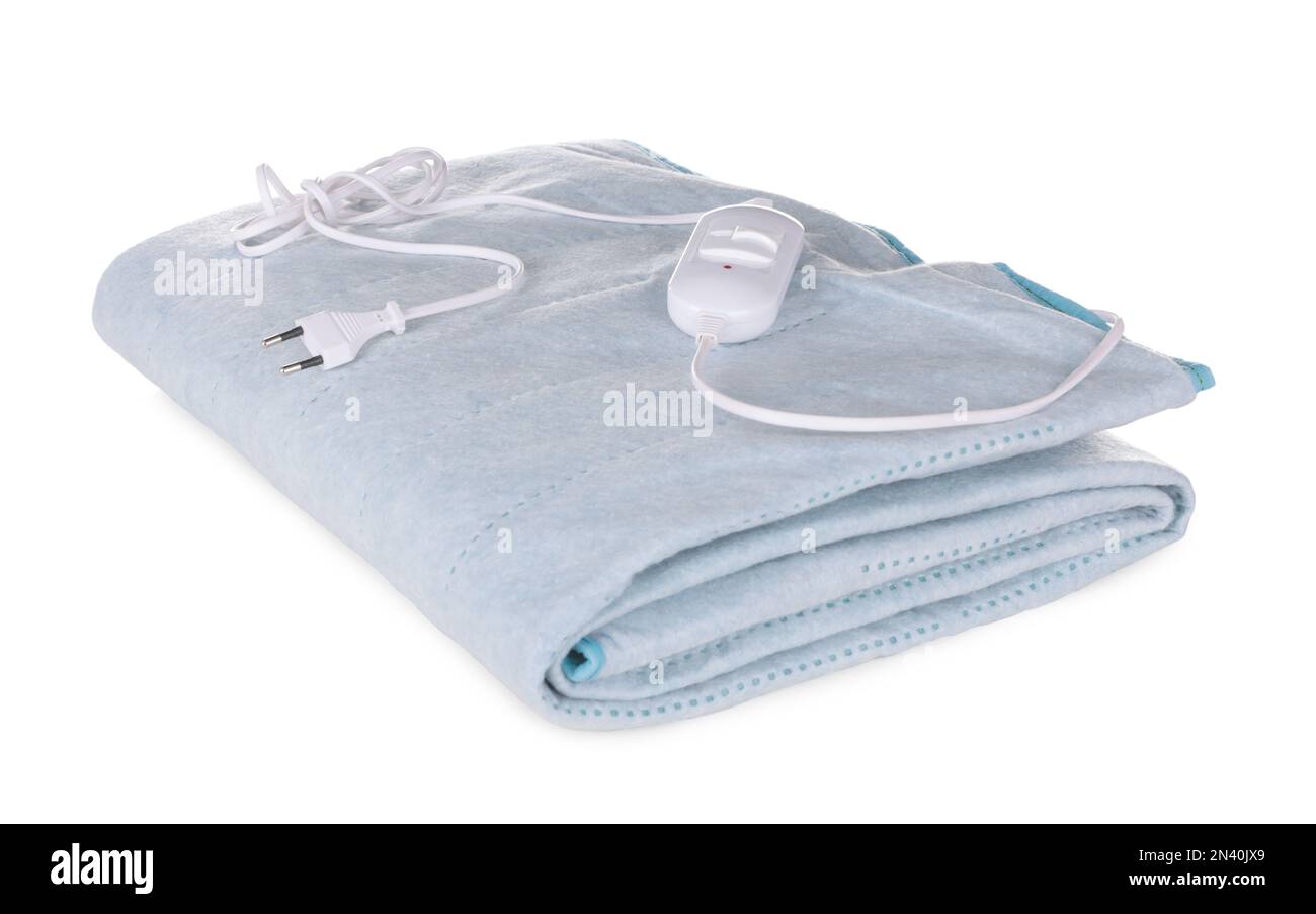 Folded electric heating pad isolated on white Stock Photo