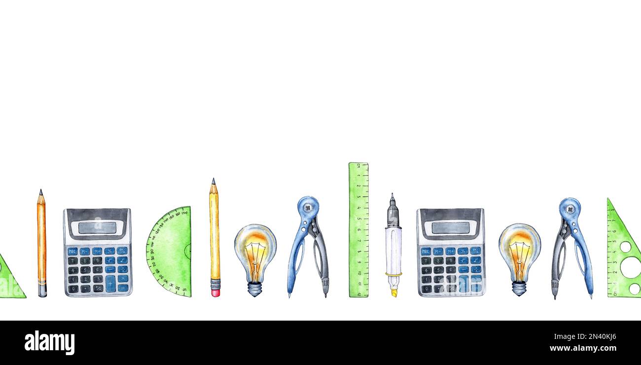 Watercolor horizontal seamless pattern of office, school items ...