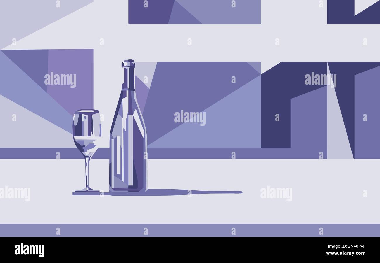 A bottle of wine and next to it a glass of wine in an abstract mosaic style in a trendy very peri color. Monochrome Stock Vector