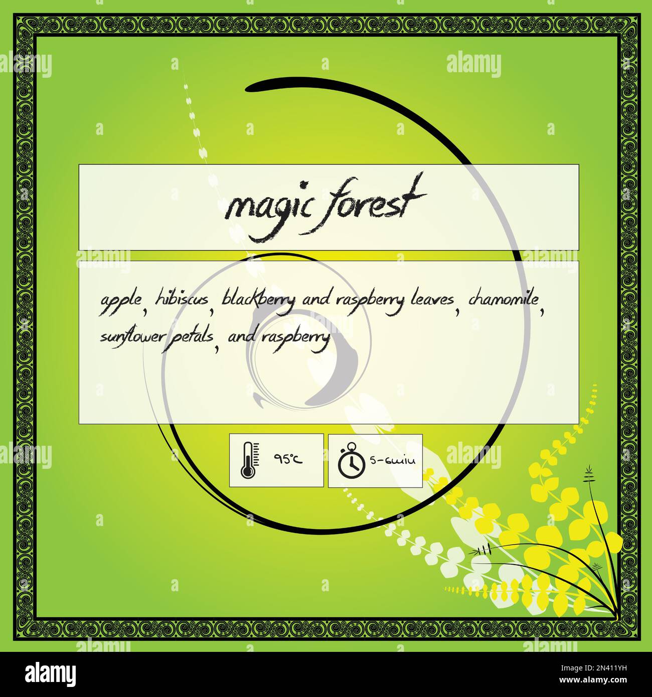 Tea label, package or sticker vector design. Custom name, ingredients