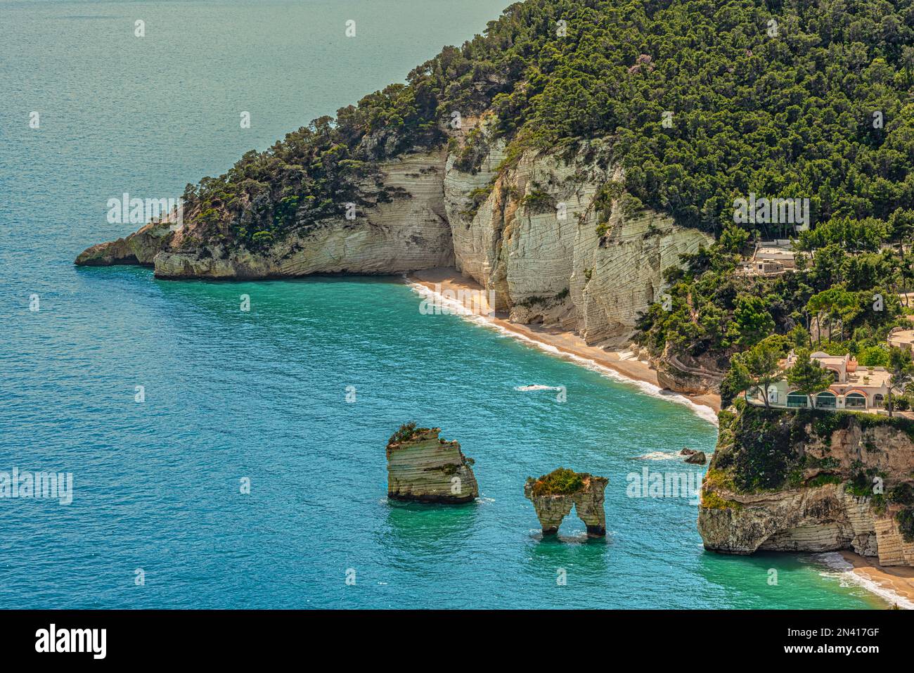 Panoramic view of the famous Baia delle Zagare with its stacks in the Gargano National Park. Mattinata, Puglia, Italy Stock Photo