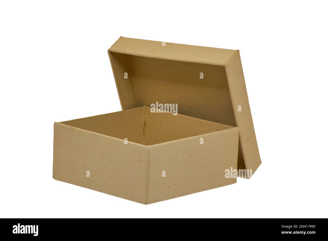 Image of a square cardboard box with a lid on a white background Stock