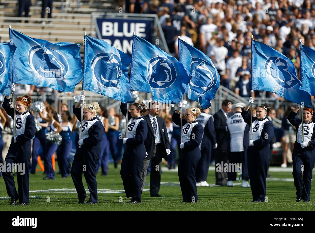 The Penn State marching band, known as "The Blue Band" perform during the NCAA college football game against Massachusetts on Saturday, Sept 20, 2014. (AP Photo/Keith Srakocic) Stock Photo