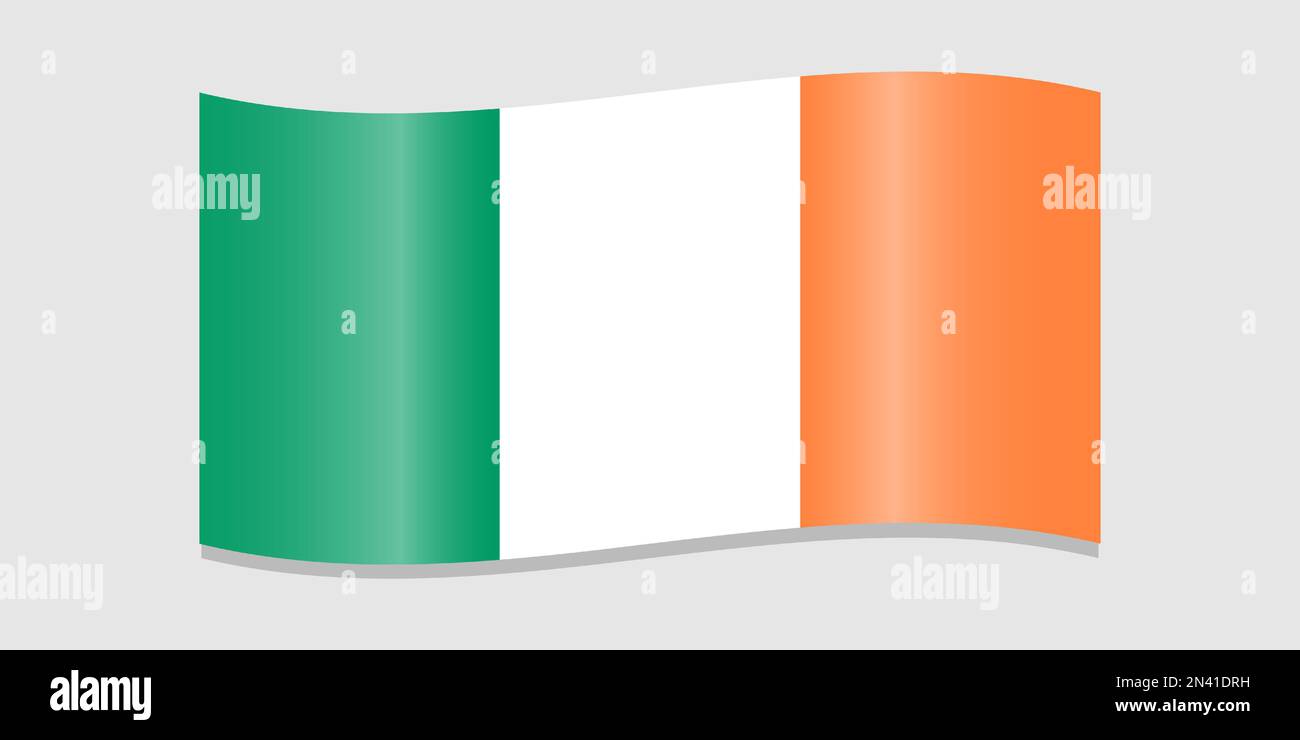 Flag of Ireland. Irish flag with shadow on a light gray background. Green, white, orange colors. Vector illustration. Stock Vector