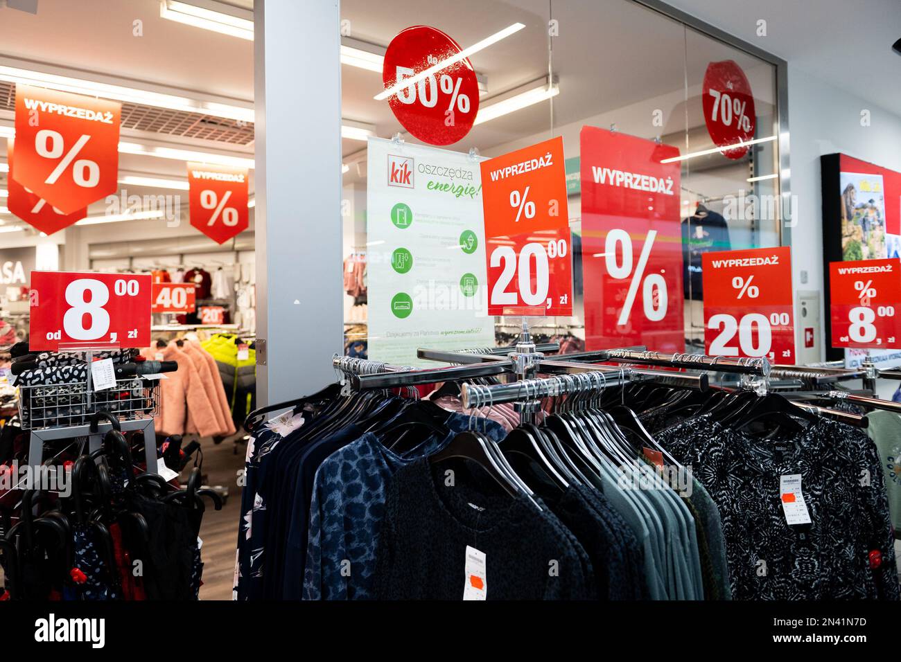 Poland. 07th Feb, 2023. Discount signs for clothes are seen on display at  the Kik store in Gdansk. (Photo by Mateusz Slodkowski/SOPA Images/Sipa USA)  Credit: Sipa USA/Alamy Live News Stock Photo -