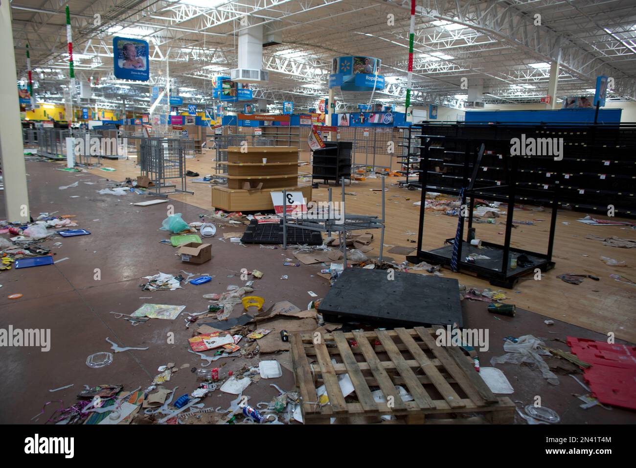 A view of a WalMart super store that was damaged and then looted after