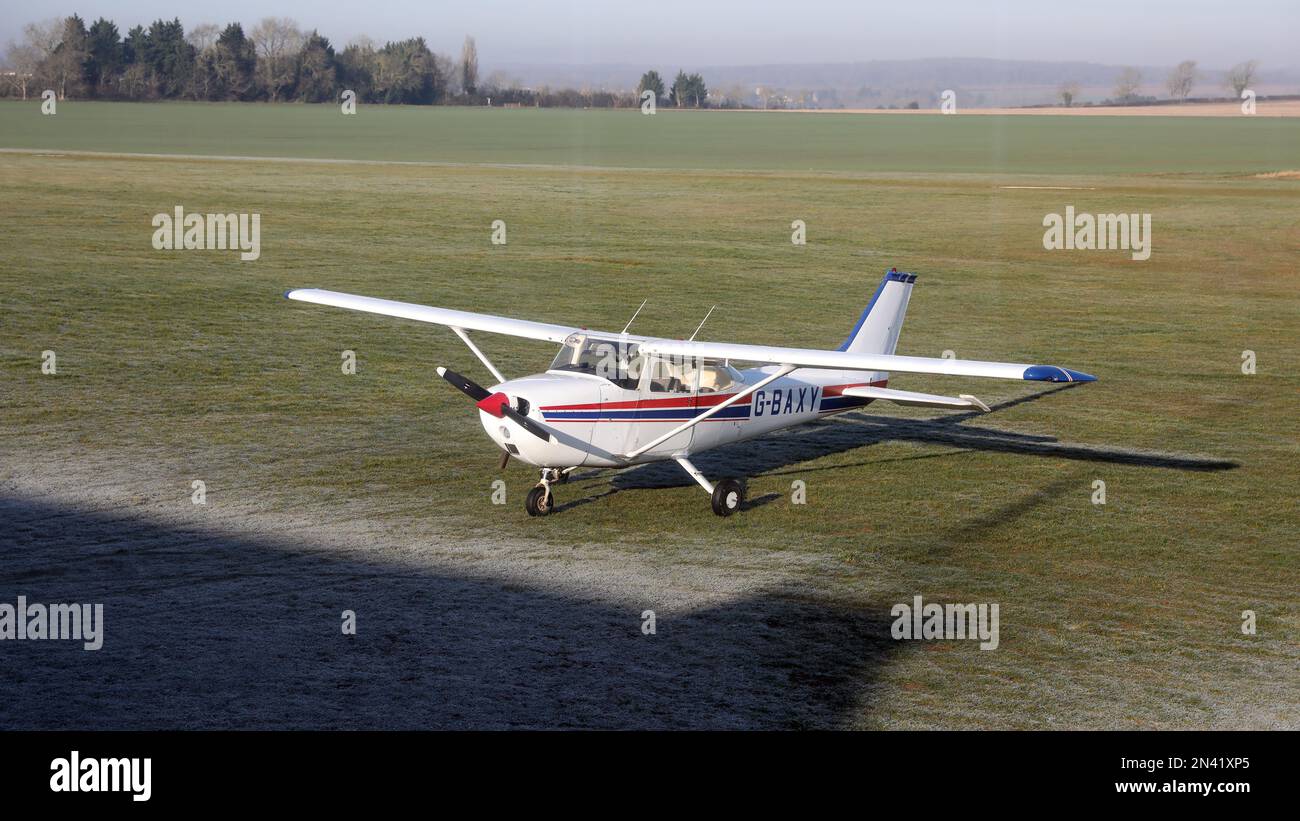 a view of a Cessna F172 Skyhawk light aircraft at Sibson Aerodrome, Stock Photo