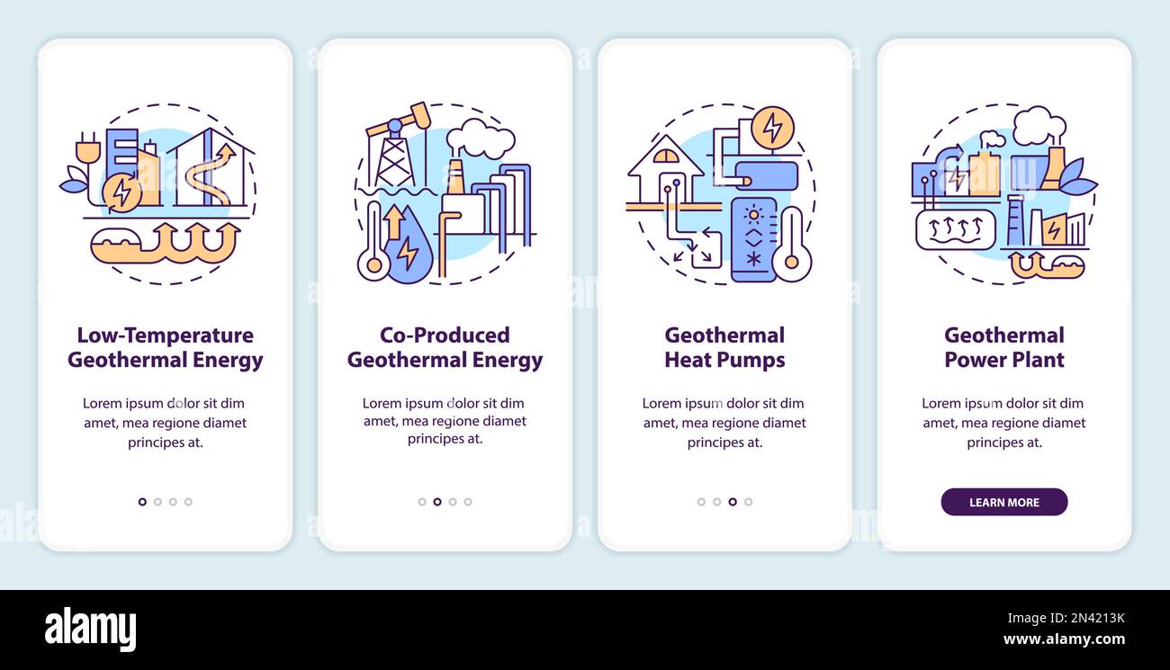 Types of geothermal energy onboarding mobile app screen Stock Vector ...