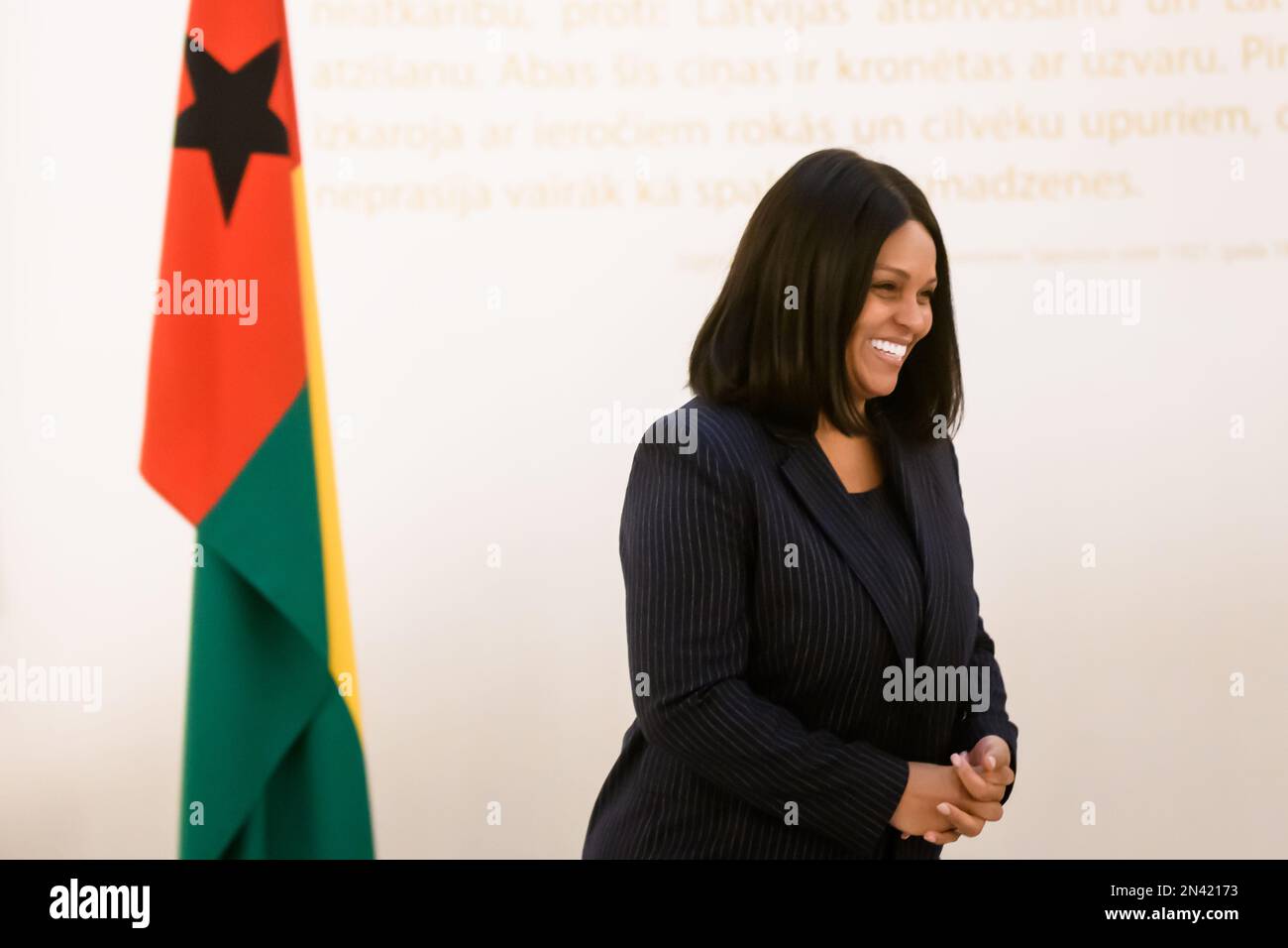 RIGA, LATVIA. 8th February 2023.  Edgars Rinkevics, Latvian Foreign Minister meets with Suzi Carla Barbosa, Minister for State of Foreign Affairs of Guinea-Bissau. Stock Photo