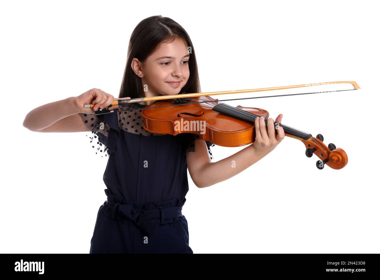 Preteen girl playing violin on white background Stock Photo - Alamy