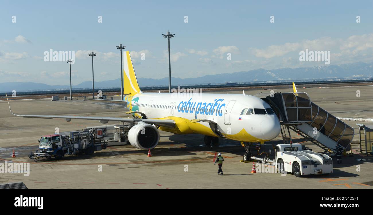 A Cebu Pacific airplane at the Chubu Centrair International Airport Stock Photo