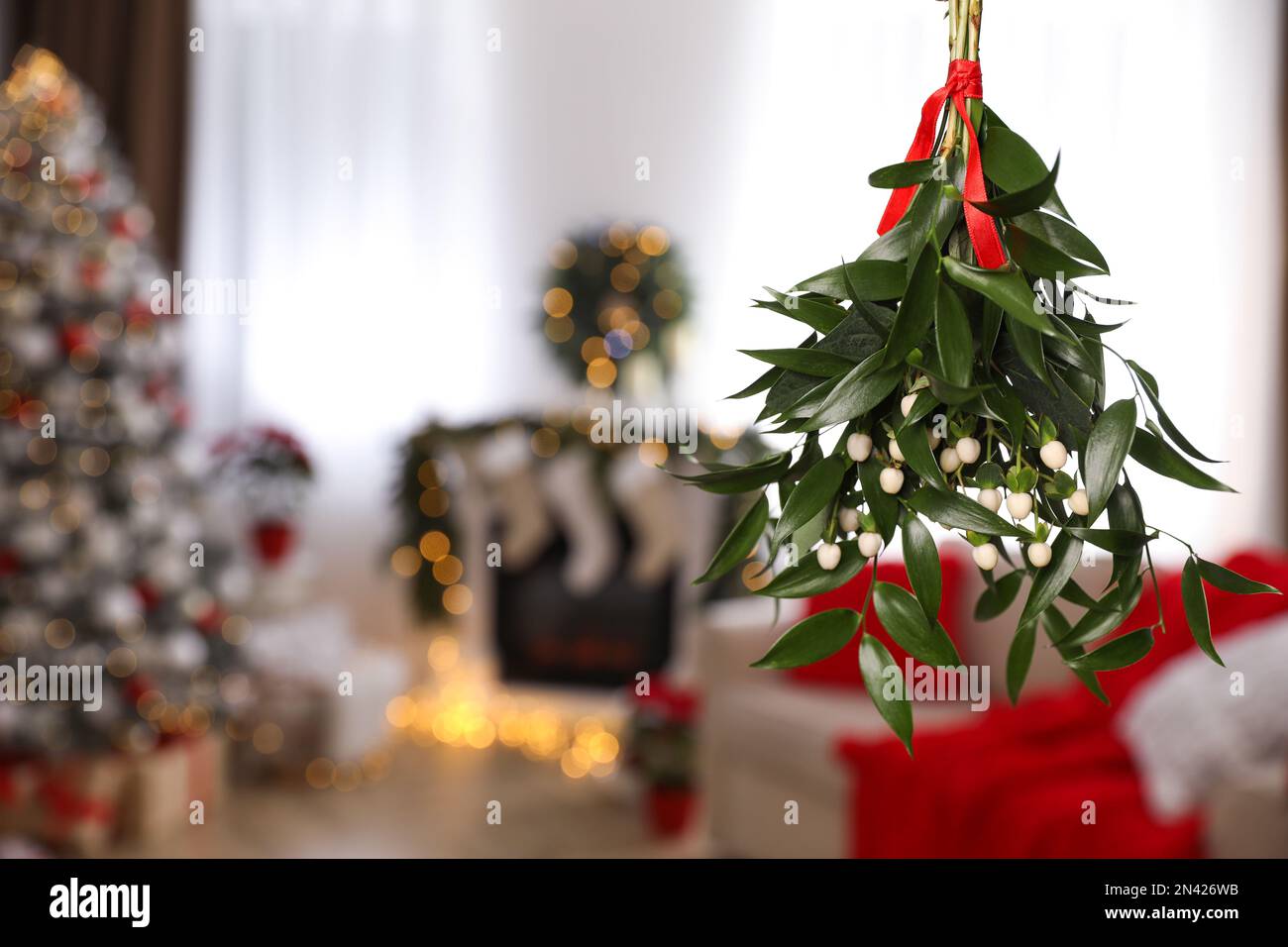 Mistletoe bunch with red ribbon hanging in room with Christmas tree ...