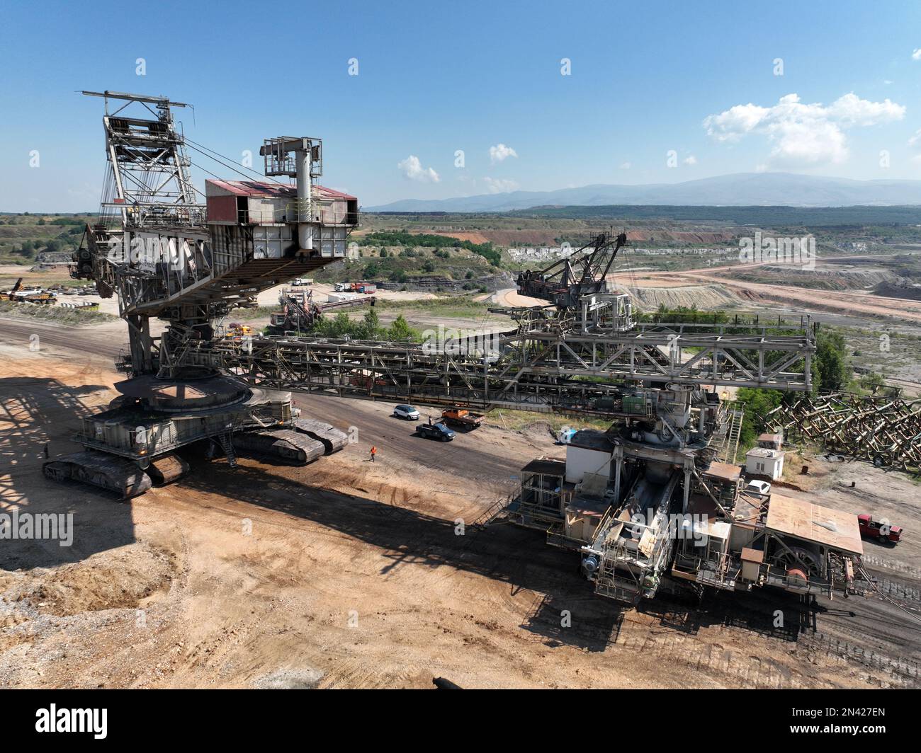 Huge bucket wheel at a coal surface mine. Huge excavator on open pit