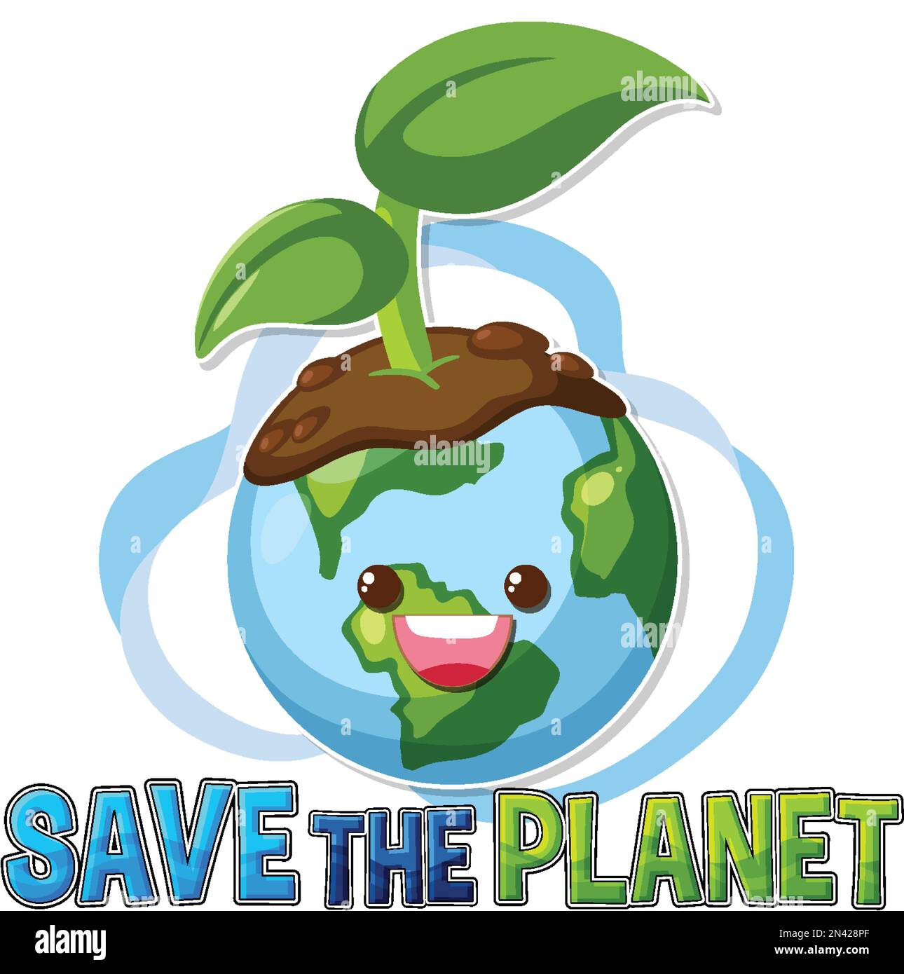 Save the planet text with a happy earth character illustration Stock ...