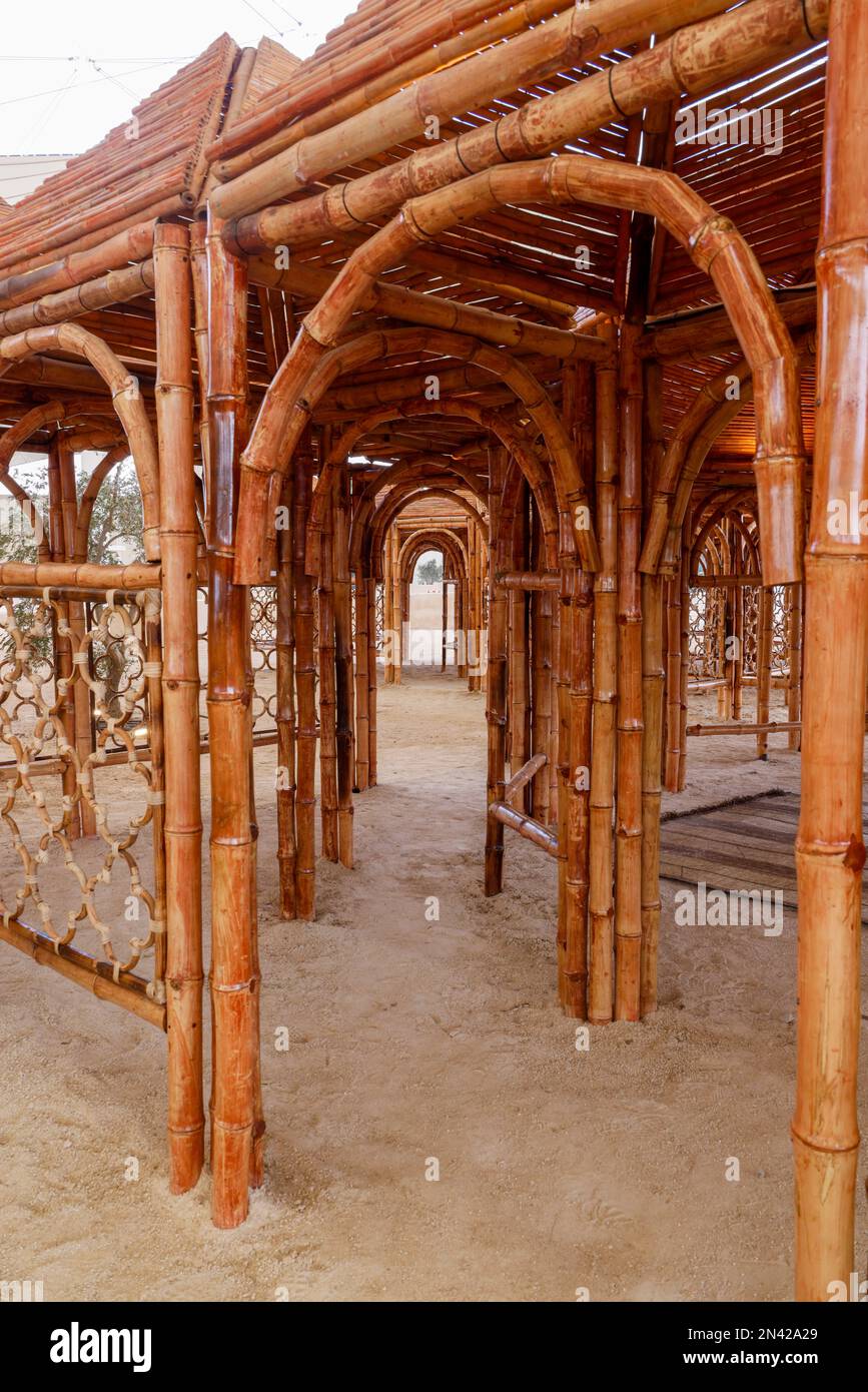 detail, prototype of a Reassembled Mosque, bamboo panels, Yasmeen Lari, 2023, Islamic Arts Biennale 2023, Jeddah, Saudi Arabia Stock Photo