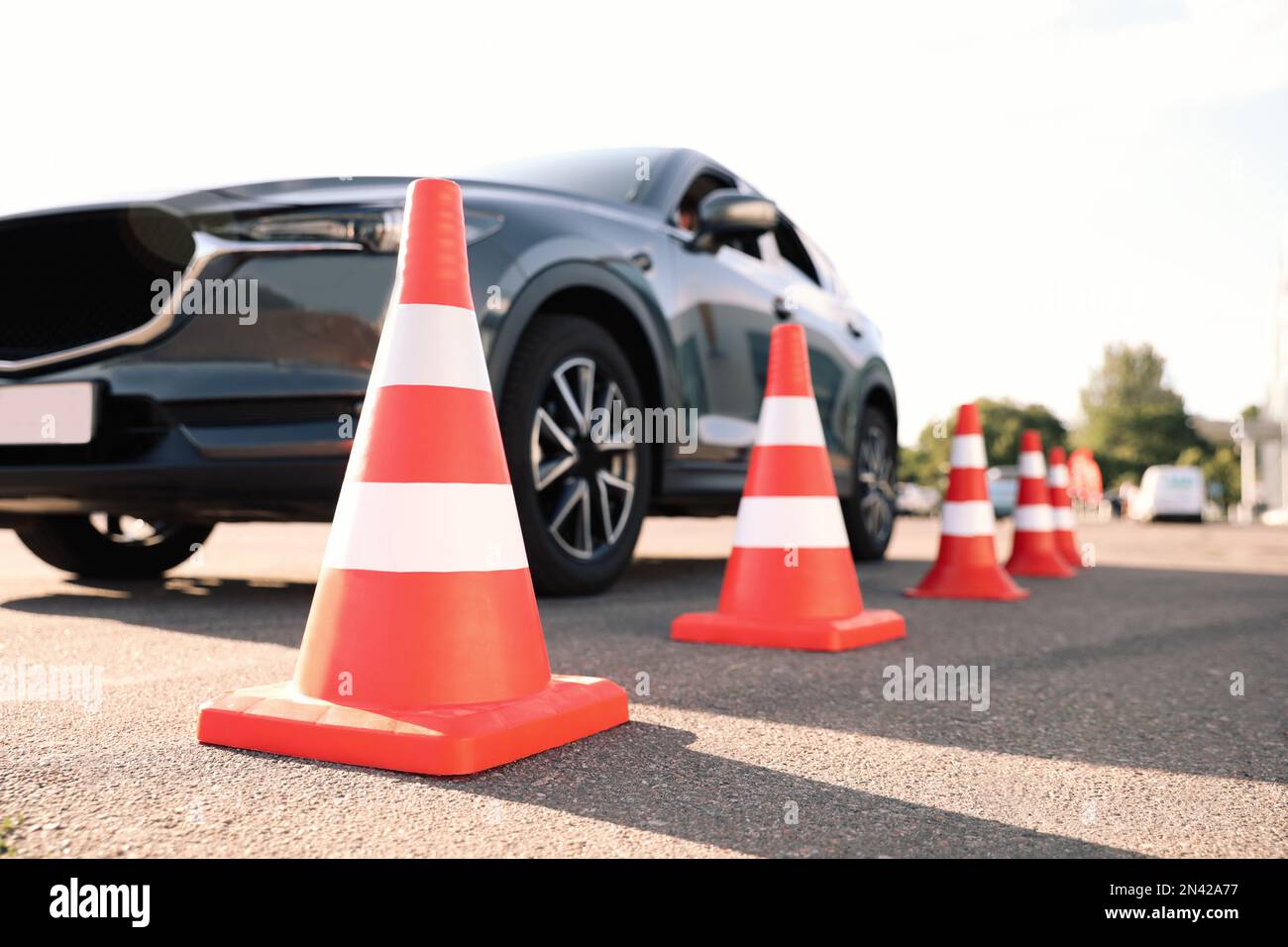 Traffic cones near car outdoors. Driving school exam Stock Photo Alamy