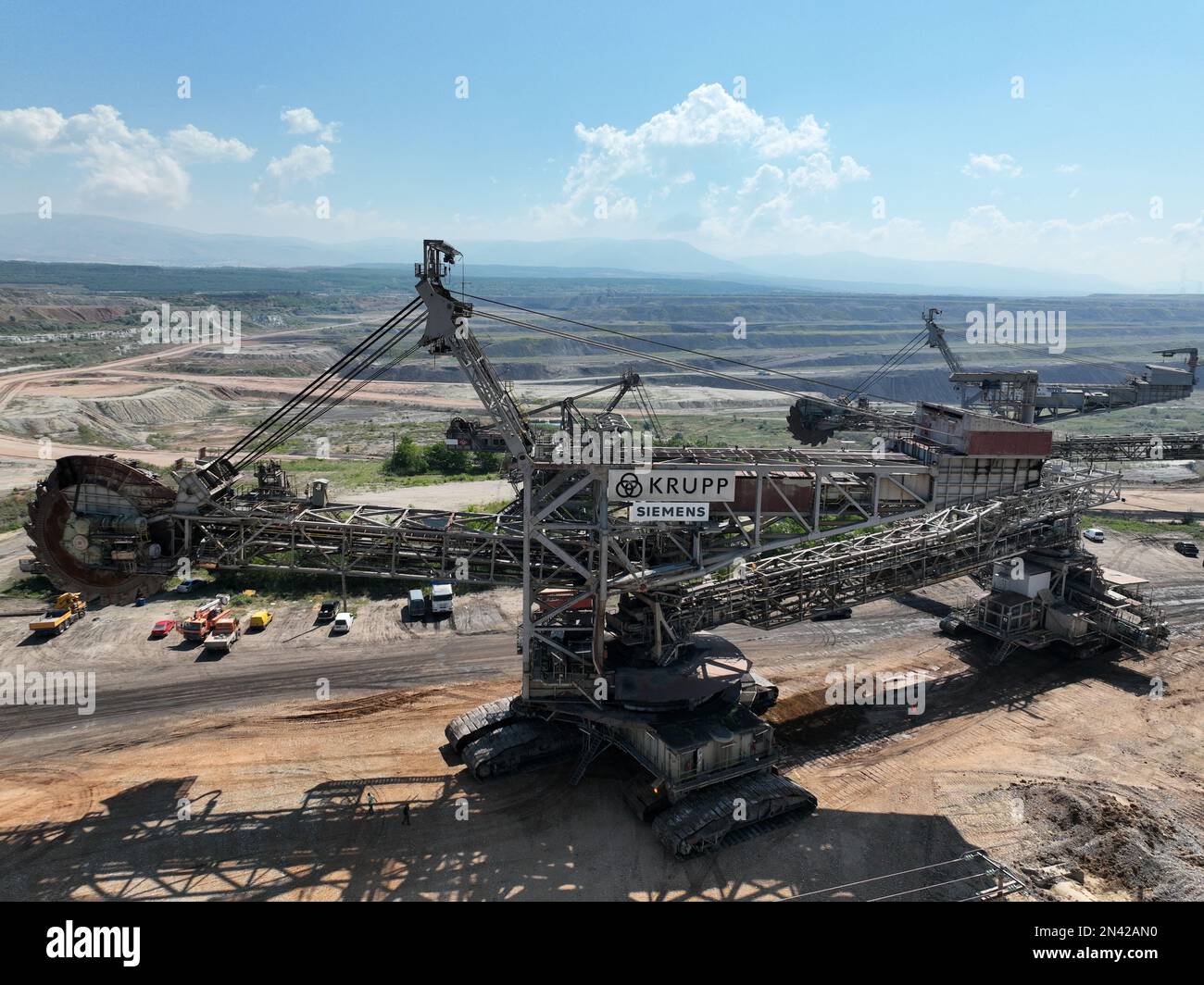 Huge bucket wheel at a coal surface mine. Huge excavator on open pit