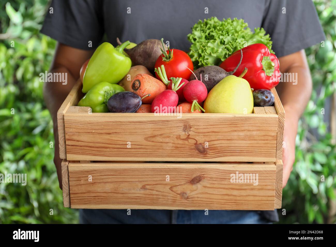 Farmer with wooden crate full of different vegetables and fruits ...