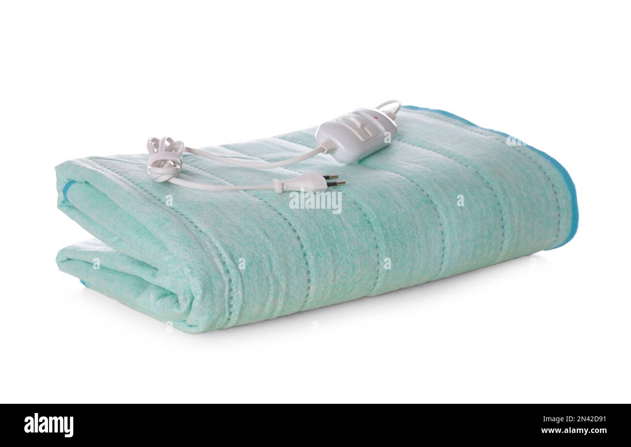 Folded electric heating pad isolated on white Stock Photo