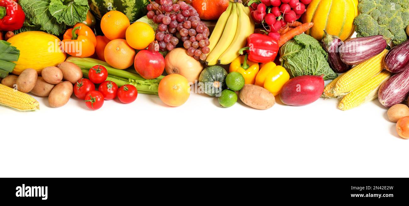Assortment of fresh organic fruits and vegetables on white background ...