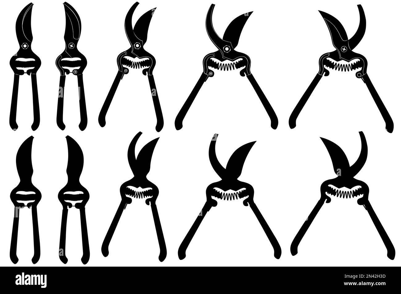 Collection of different pruning shears isolated on white Stock Photo