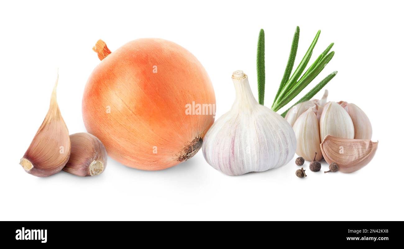 Mix of fresh garlic and onion on white background. Banner design Stock ...