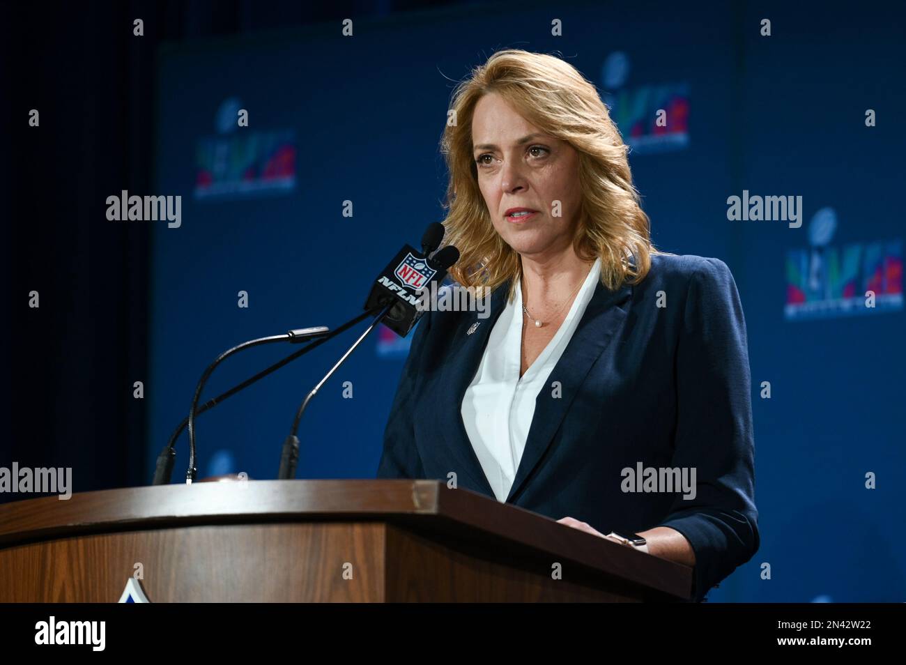 Cathy Lanier, Chief Security Officer, NFL, speaks during the Super Bowl LVII Public Safety Press Conference held at the Media Center at the Phoenix Convention Center in Phoenix, Arizona. Picture date: Tuesday February 7, 2023. Super Bowl LVII will take place Sunday Feb. 12, 2023 between the Kansas City Chiefs and the Philadelphia Eagles. Stock Photo