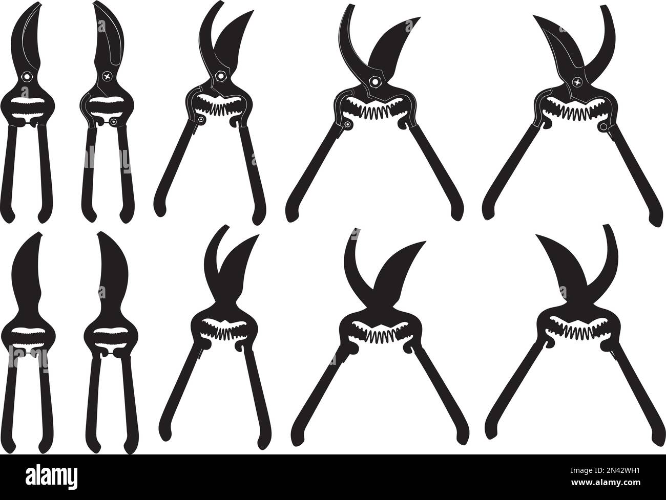 Collection of different pruning shears isolated on white Stock Vector