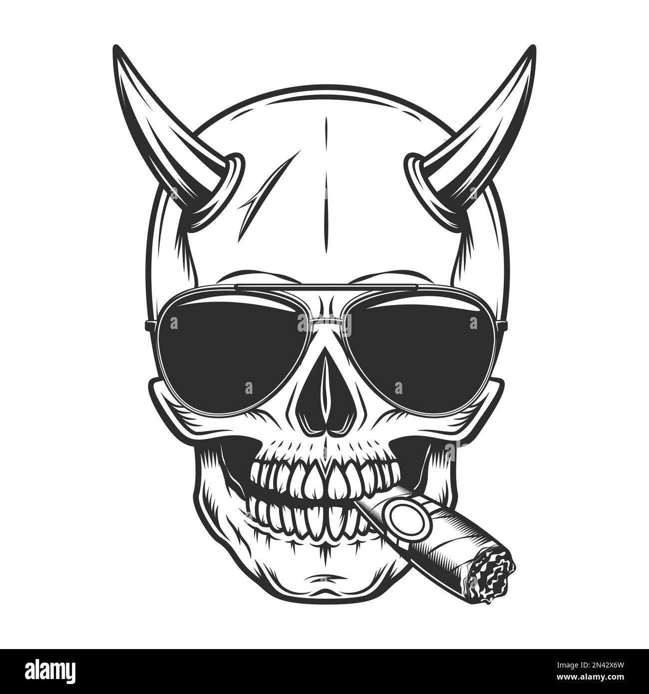 Skull with horn smoking cigar or cigarette smoke with sunglasses accessory to protect eyes from bright sun vintage isolated illustration Stock Photo