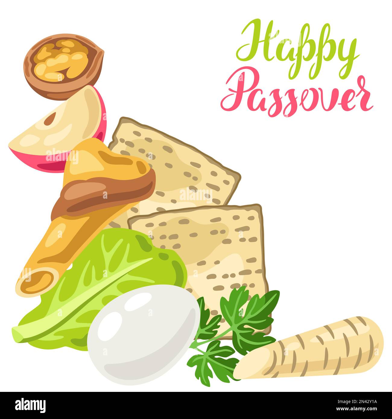 Happy Pesach Jewish Passover plate greeting card. Holiday background with traditional symbols. Stock Vector