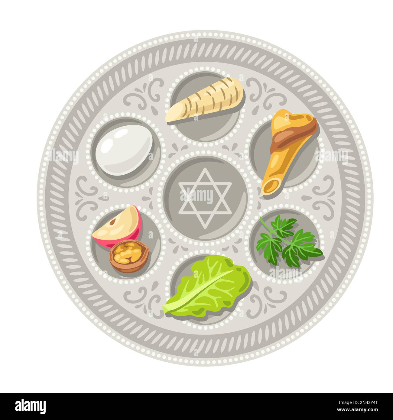 Happy Pesach Jewish Passover plate illustration. Holiday background with traditional symbols