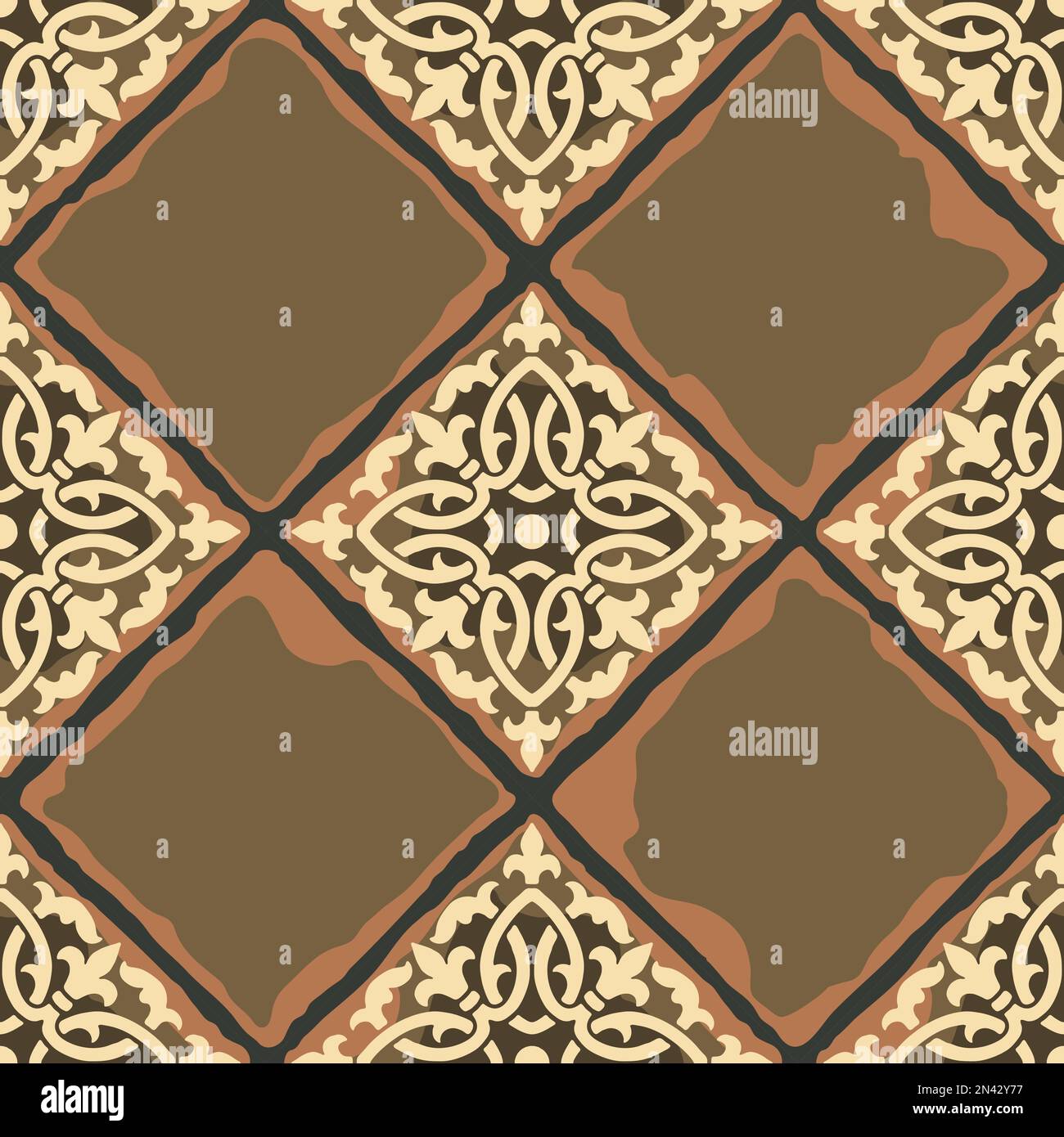 Ancient ceramic tile seamless pattern. Wall or floor texture. Decorative antique stone ornament. Stock Vector