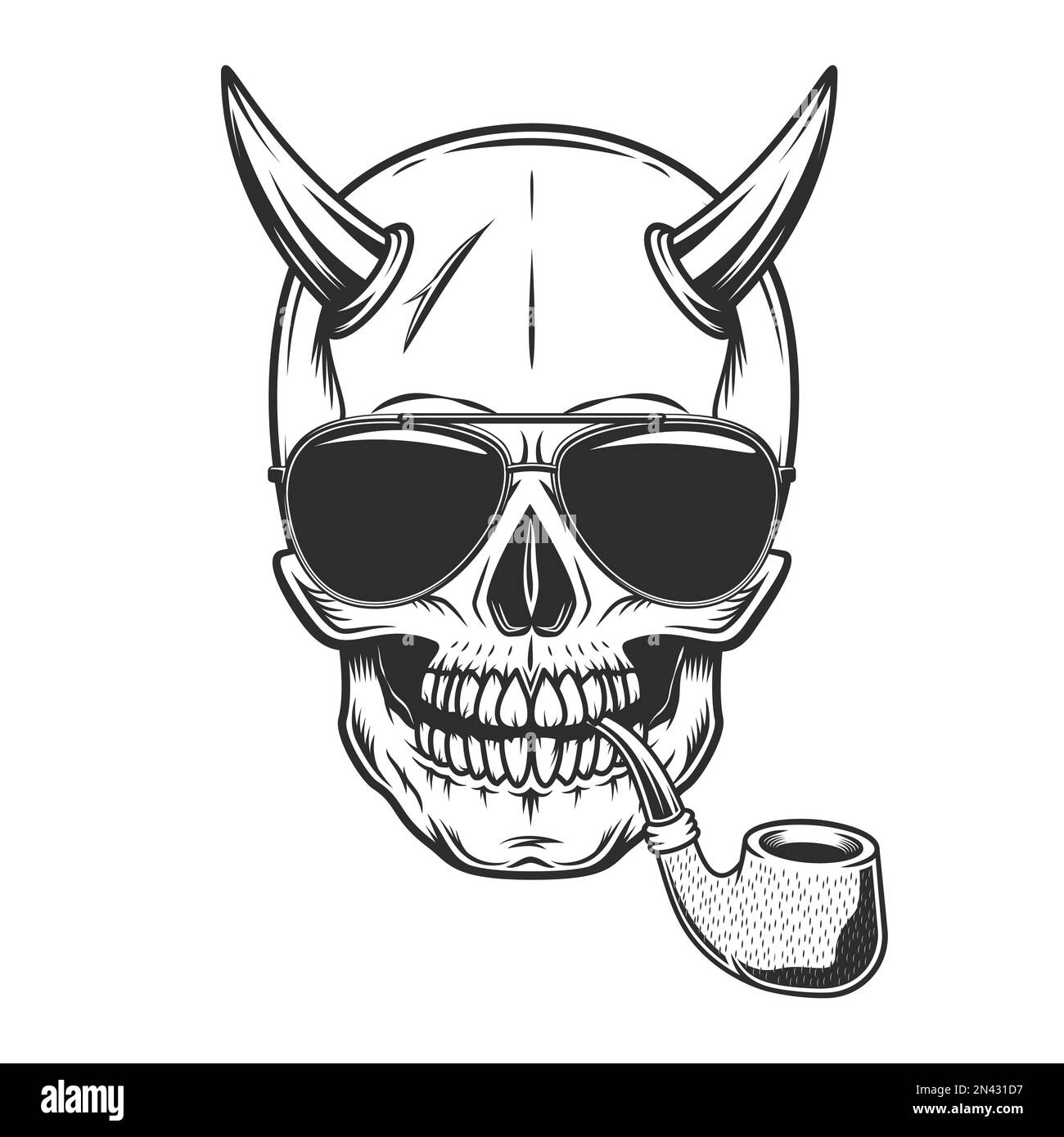 Skull with horn smoking pipe with sunglasses accessory to protect eyes from bright sun vintage isolated vector illustration Stock Vector