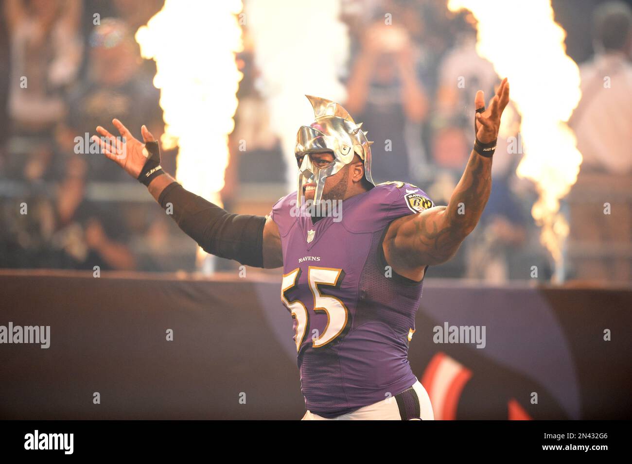 Baltimore Ravens outside linebacker Terrell Suggs (55) wears a gladiator  helmet as he is introduced before an NFL football game against the  Pittsburgh Steelers Thursday, Sept. 11, 2014, in Baltimore Stock Photo -  Alamy