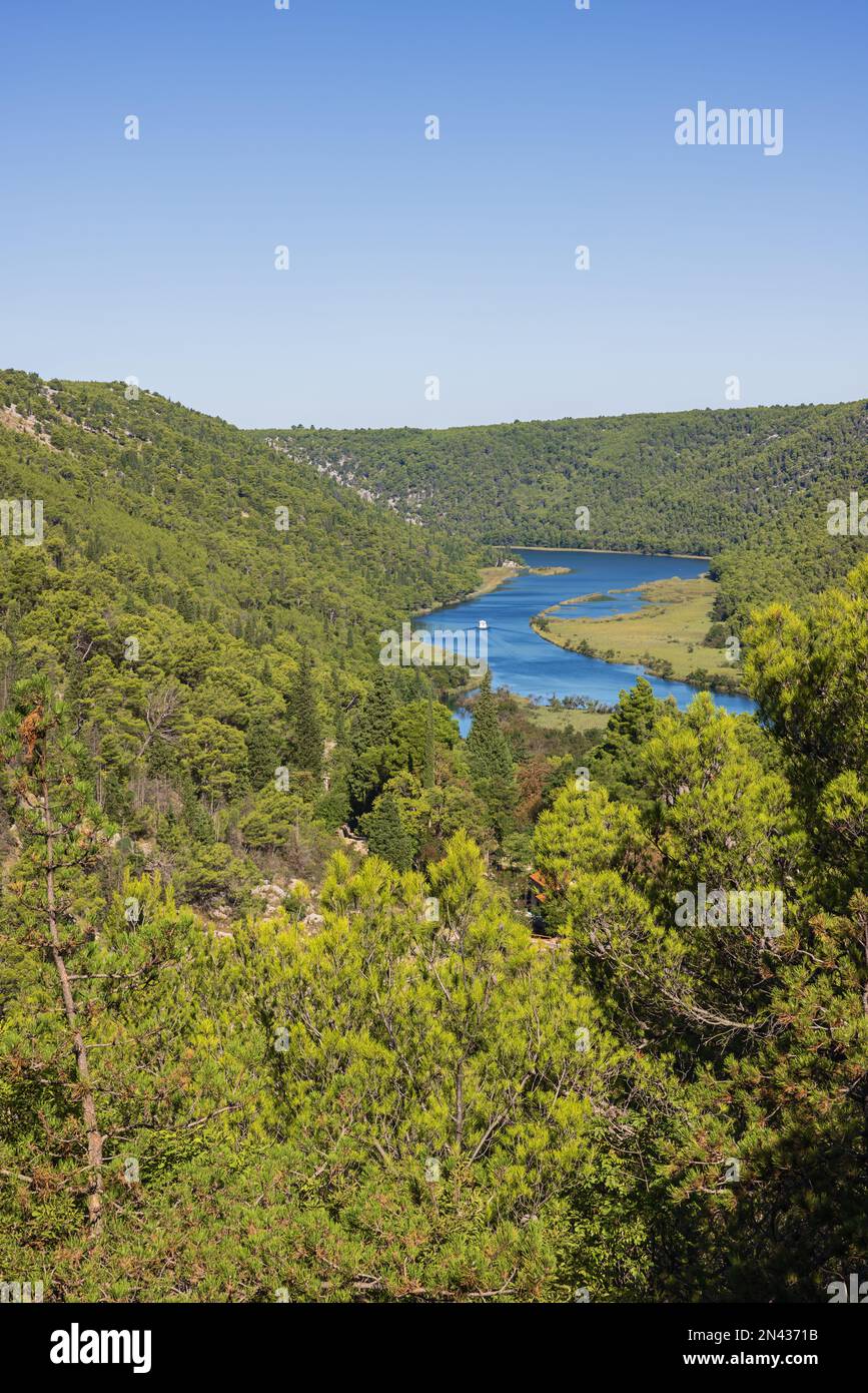 The valley of the Krka river at the entrance of the Krka National Park Stock Photo