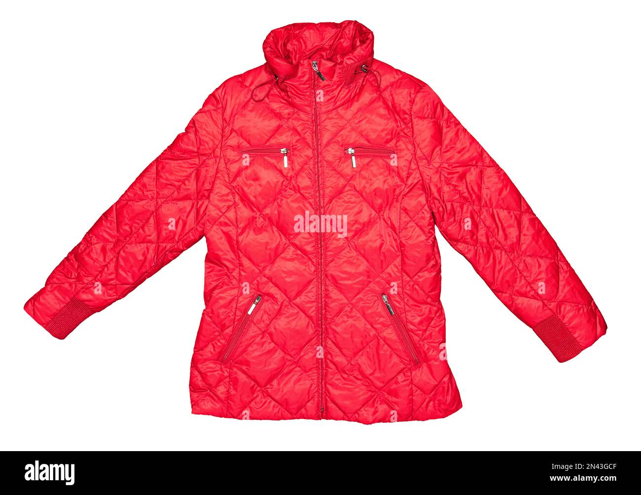 Brightly red down women's jacket for skiing, isolated on a white background. Stock Photo