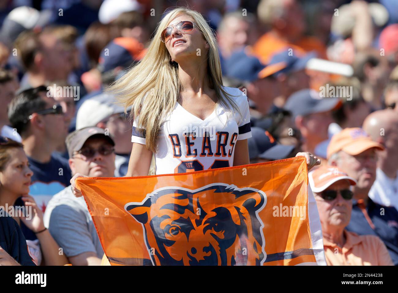 A Chicago Bears fan cheers during the second half of an NFL football game  between the Chicago Bears and the Buffalo Bills Sunday, Sept. 7, 2014, in  Chicago. (AP Photo/Nam Y. Huh