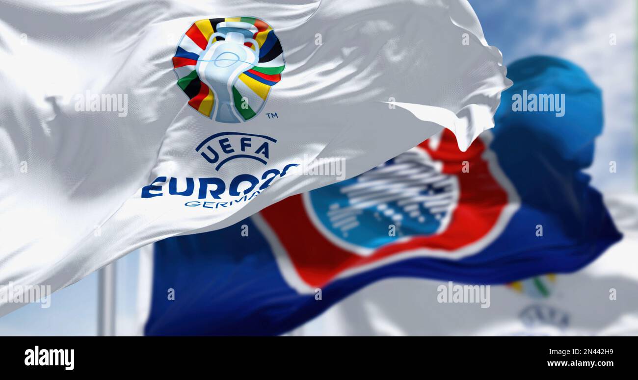 Berlin, DE, Feb 2023 The flags of Euro 2024 and UEFA fluttering in the