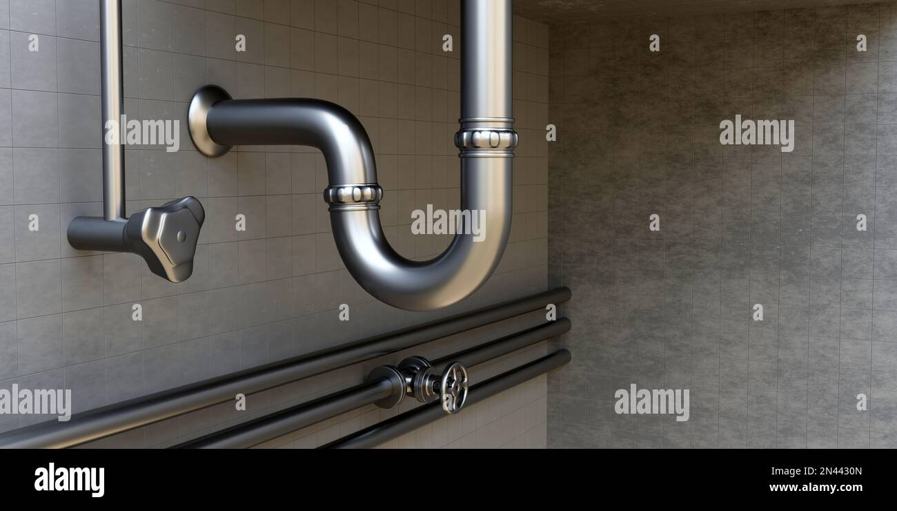 Kitchen silver sink water piping on grey ceramic tile wall background. Stainless steel plumbing tube with connection and water valve switch. 3d render Stock Photo