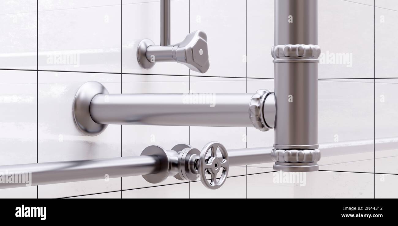Kitchen silver sink water piping on white ceramic tile wall background. Stainless steel plumbing tube with connection and water valve switch. 3d rende Stock Photo