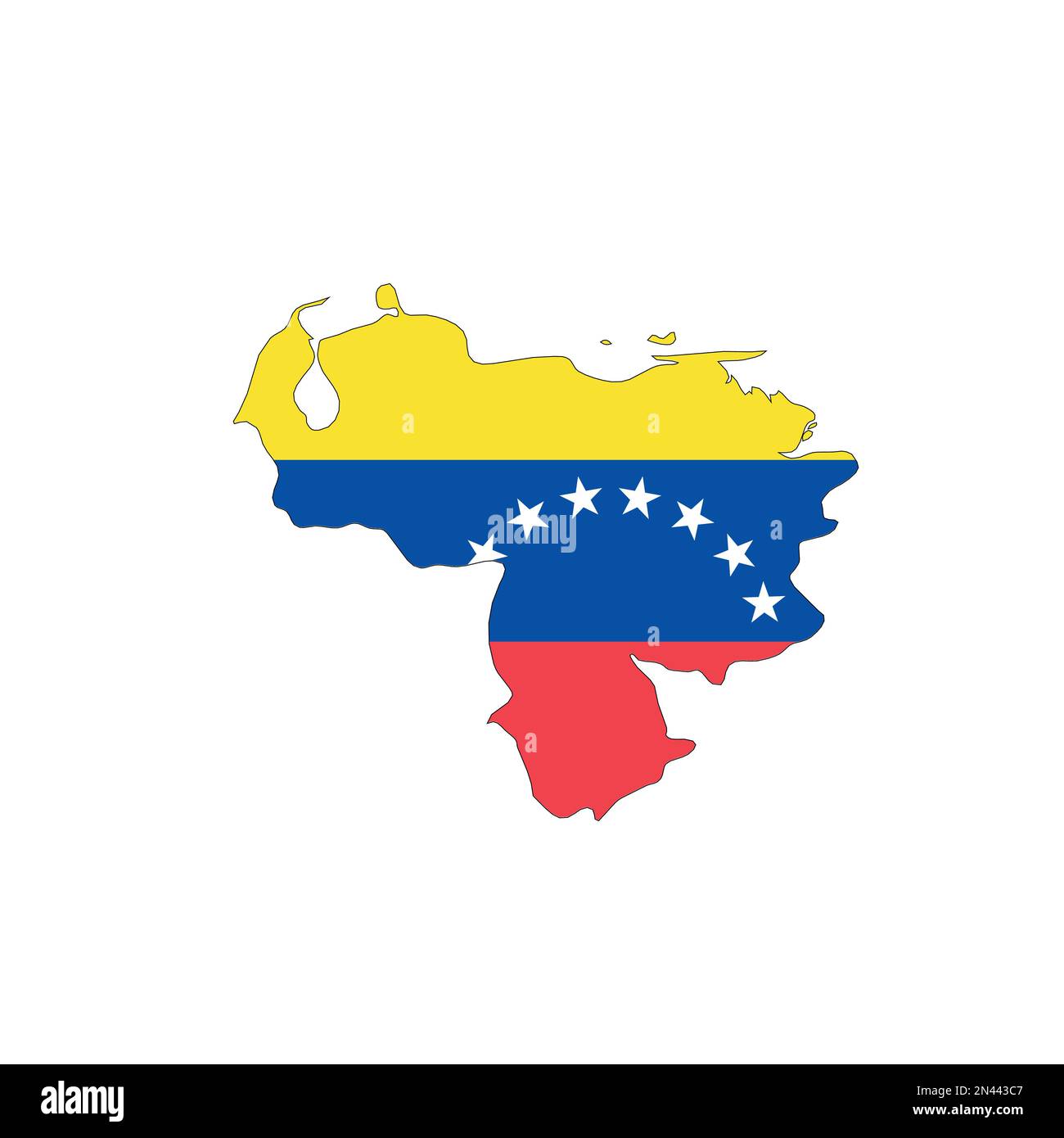 Venezuela national flag in a shape of country map silhouette with thin black outline. Simple