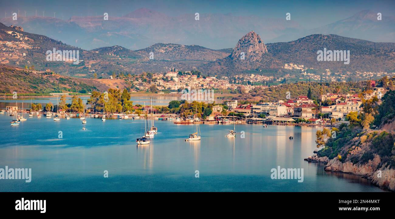 Astonishing summer cityscape of Vivari port. Breathtaking outdoor scene of Peloponnese peninsula, Greece, Europe. Beautiful morning seascape of Ionian Stock Photo
