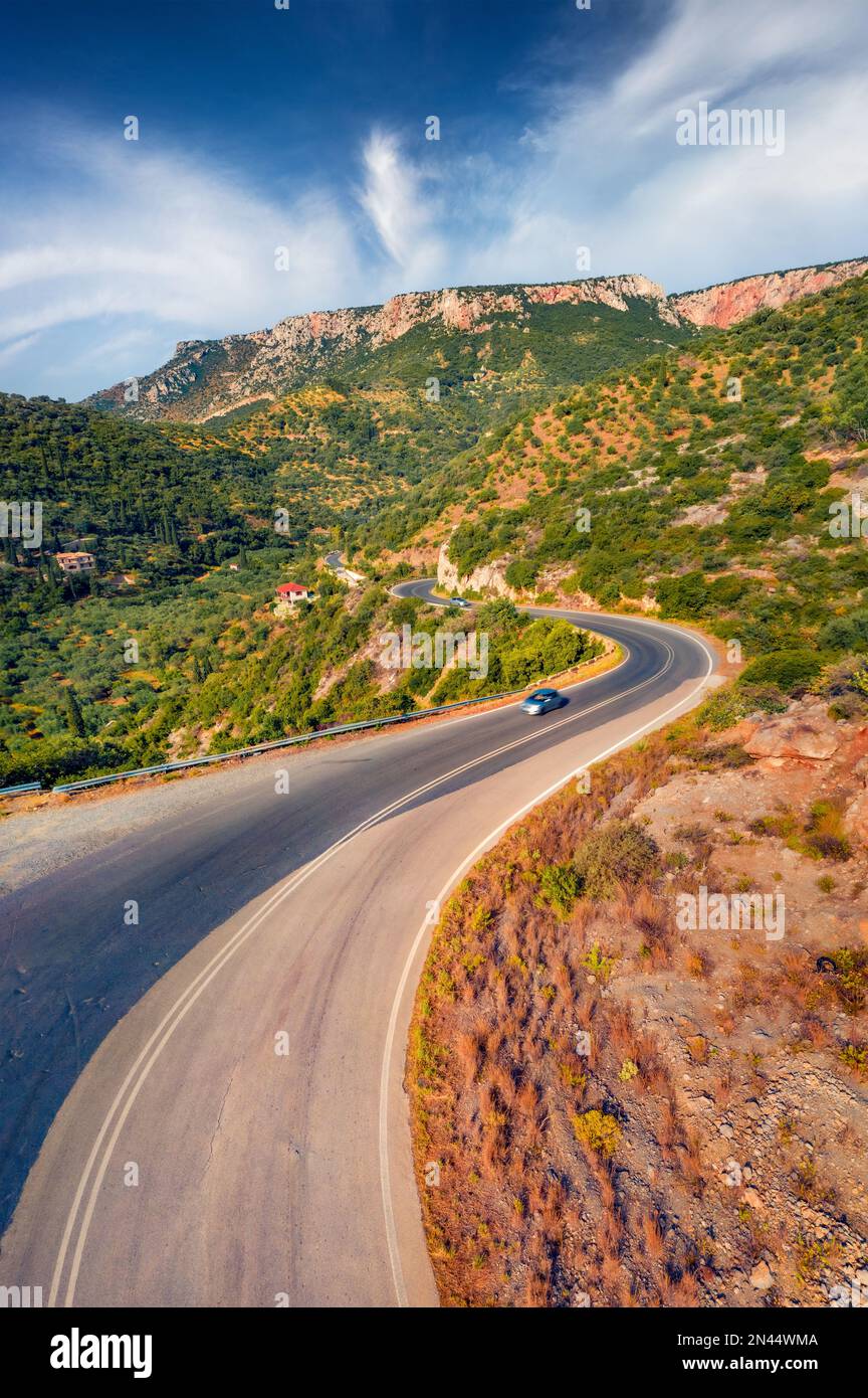 Asphalt doad on Peloponnese peninsula, Greece, Europe. Driving in the mountains. Traveling concept background. Stock Photo