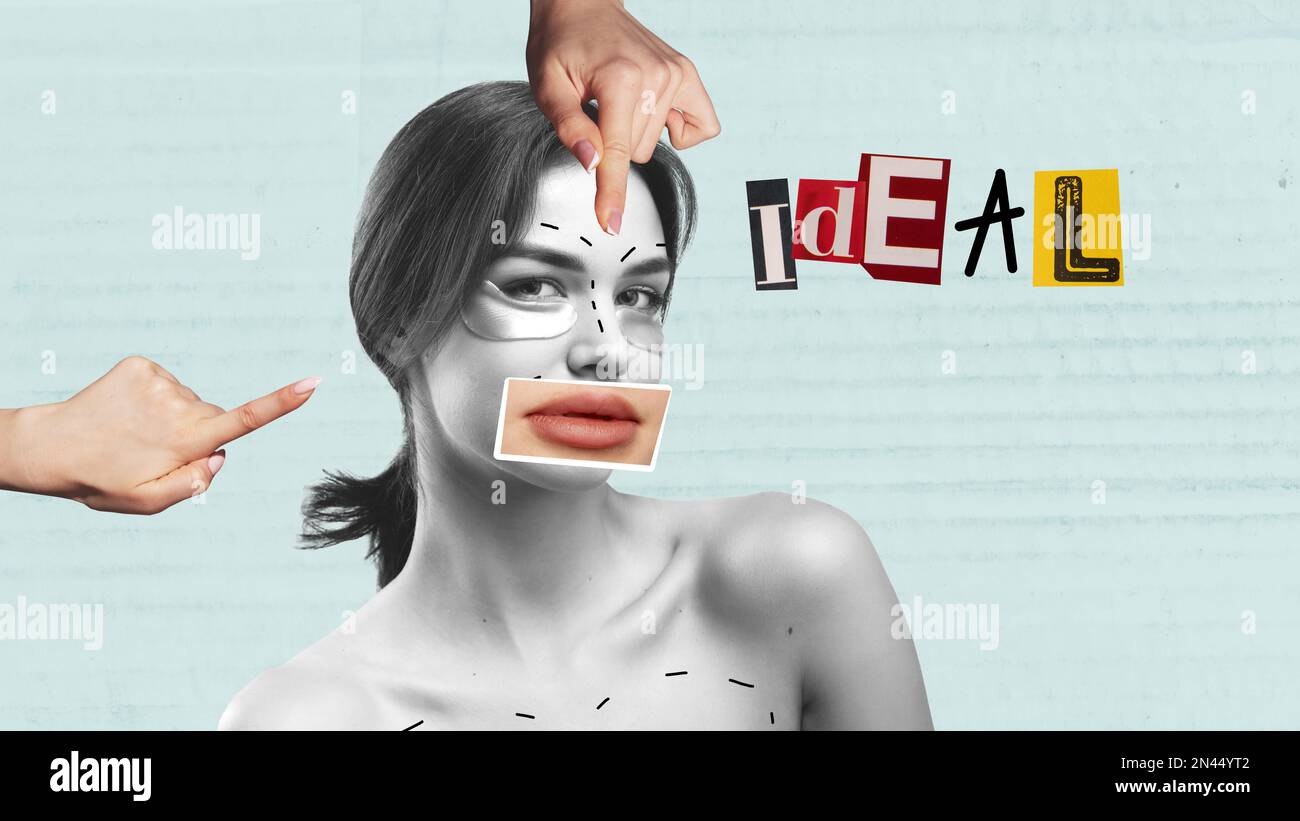 Contemporary art collage. Modern beauty standards. Young woman doing ...
