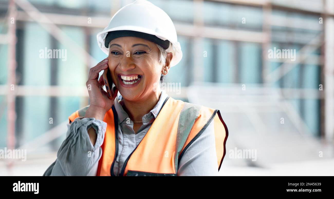 Construction site, contractor and happy woman developer phone call ...