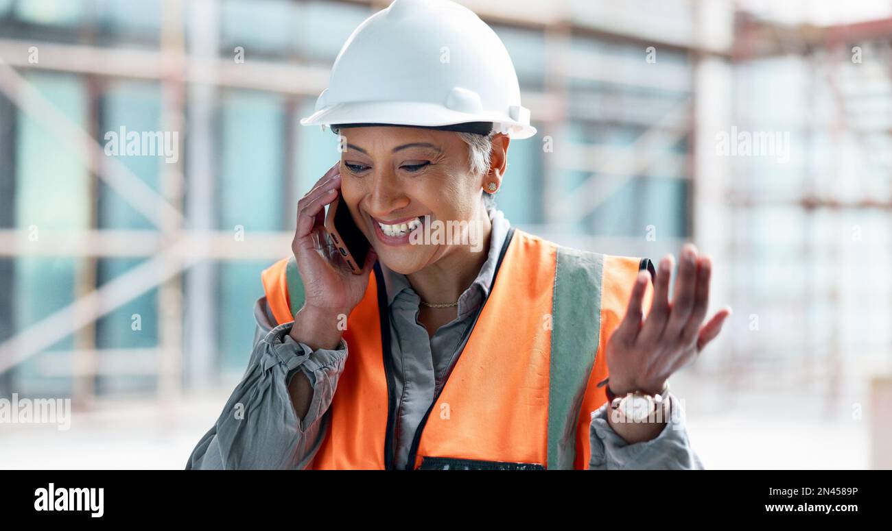 Construction site, contractor and happy woman developer phone call ...